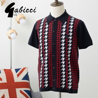 Gabicci メンズ ポロシャツ 半袖 ニットポロカーディガン ガビッチ ドッグトゥース ネイビー ボタンスル…