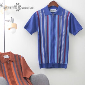 Madcap England メンズ ポロシャツ ポロ 半袖カーディガン ジップスルー ストライプ マッドキャップ 2色 ブルー オレンジ ギフト トラッド