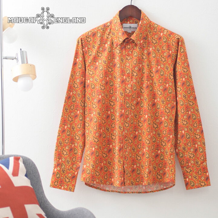 楽天市場 セール Sale Madcap England メンズ 長袖シャツ 21s 新作 ペイズリープリント オレンジ コットン レトロ 70年代 マッドキャップ ギフト モッズファッション トラッド Clozest モッズメンズレディース