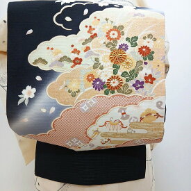 夏 名古屋帯 絽 新品 「無料御仕立付き」十日町友禅染め 黒色 金駒刺繍 九寸名古屋帯 御仕立上り(3529)