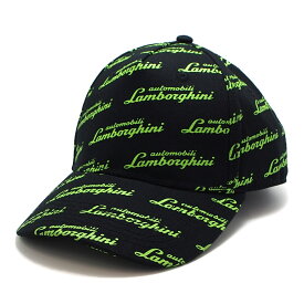 ランボルギーニ オフィシャル オールオーバースクリプト ベースボール キャップ 帽子 ブラック / グリーン 総柄 公式 Lamborghini