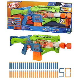 【クーポン配布中】 ナーフ エリート2.0 ダブルパンチ 電動ブラスター、交互に発射するバレル、エリートダーツ50本付き、10ダーツクリップ2個、