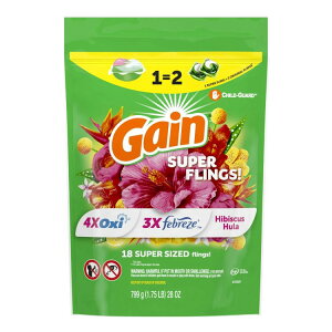 yAJEH}[gizQC nbs[ tOX p܃pbN nCrXJXt̍ 18 Gain Happy Super-Sized Flings Laundry Detergent Packs, Hibiscus Hula Scent, 18 Count y