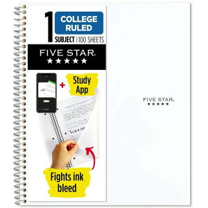 yAJEH}[gizt@CuX^[ JbW[h m[g 1Ȗڗp  \|f 100 21.6×27.9cm Five Star 1 Subject College Ruled Notebook Plus Study App, White, Poly, Spiral, 100 Sheets y