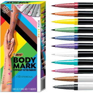 rbN {fB}[N p^gD[}[J[ vChpbN 11FZbg BIC BodyMark Temporary Tattoo Markers for Skin, Pride Pack, Flexible Brush Tip, 11-Count y񂹏izy킹Ĕz