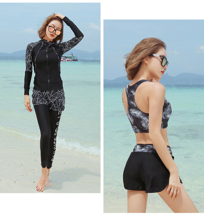 楽天市場 フィットネス水着 体型カバー 水着 レディース ビキニ 長袖ラッシュガード ショートパンツ レギンス 上下4点セット 5点セット おしゃれ 競泳水着 ノンワイヤー パット入り ハイウエストパンツ 海 プール ビーチ ジム 運動用 スイムウエア 日焼け対策 レディース