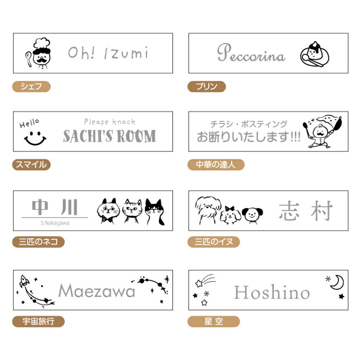 楽天市場 表札 ペタッ っと貼るだけ Popイラスト表札 かわいい おしゃれ イラスト マンション 表札 賃貸 戸建 ポスト アパート アクリル製 ステンレス調 木目 シール付き 軽量 レーザー彫刻 ネームプレート 名入れ ゴールド シルバー 名札屋本舗