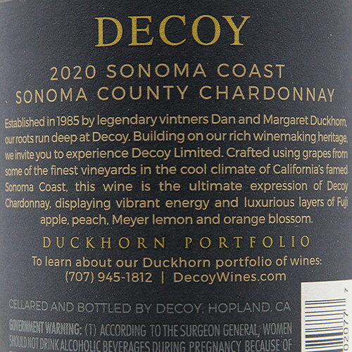 デコイリミテッドシャルドネソノマコースト2020DecoyLimitedChardonnaySonomaCoast白ワインアメリカカリフォルニア