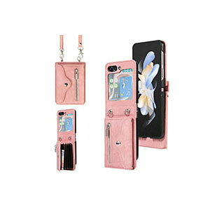 Samsung Galaxy Z Flip5 5G ケース 折りたたみ型Androidスマホアクセサリー PC プラスチック製 レザー調 CASE 耐衝撃 カード収納 スタンド機能 ストラップ付き 軽量 落下防止 指紋防止 精密加工 持ちや