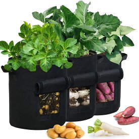【送料無料】3個セット 7ガロン プランター 布鉢 栽培袋 窓がある 黒 フェルト 不織布ポット 植え袋 ガーデン 通気性 diy 園芸 植物育成 じゃがいも 野菜 大容量 JES&MEDIS (黒, 7ガロン_3個)