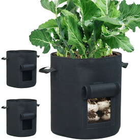 【送料無料】3個セット 10ガロン プランター 布鉢 栽培袋 窓がある 黒 フェルト 不織布ポット 植え袋 ガーデン 通気性 diy 園芸 植物育成 じゃがいも 野菜 大容量 JES&MEDIS (黒, 10ガロン_3個)