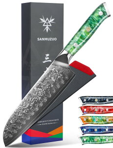 yzSANMUZUO Santoku Knife - 7 inch - Xuan Series - VG10 Damascus Steel Kitchen Knife - Resin Handle (Jade Green)