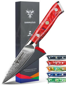 �y���������zSANMUZUO 3.5 Inch Paring Knife - Kitchen Fruit Vegetable Knife Damascus Steel & Resin Handle - XUAN Series (Sunset Red)