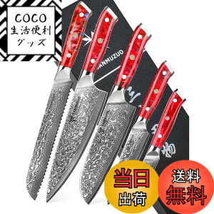 �y���������zSANMUZUO Chef Cooking Knives Set- Kitchen Knife Set of 5 Piece - Ultra-Sharp VG10 Damascus Steel & Resin Handle - Xuan Series (Sunset Red)