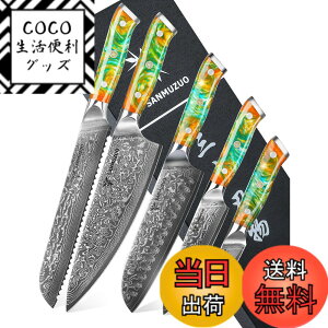 �y���������zSANMUZUO Chef Cooking Knives Set- Kitchen Knife Set of 5 Piece - Ultra-Sharp VG10 Damascus Steel & Resin Handle - Xuan Series (Fantasy Orange)