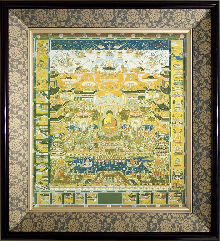仏画 緞子 色紙額 「観経曼荼羅」 複製画 額付き（額外寸32.5x35.5cm） 新品 仏画 仏教美術 仏間に。仏事の飾りに。当麻曼荼羅 極楽浄土図  | やまとや画廊