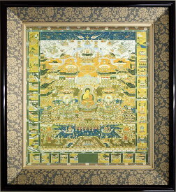 仏画 緞子 色紙額 「観経曼荼羅」 複製画 額付き（額外寸32.5x35.5cm） 新品 仏画 仏教美術 仏間に。仏事の飾りに。当麻曼荼羅 極楽浄土図