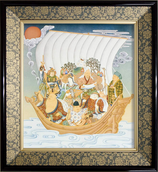 楽天市場】仏画 緞子 色紙額 「七福神」 複製画 額付き（額外寸32.5x35 