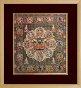 仏画 エンジ 色紙額 「法華曼荼羅」 複製画 額付き(額外寸32.5x35.5cm) 新品 仏間に。仏事の飾りに。佛画 マンダラ 仏教美術 法華経 八大菩薩