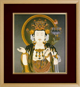 仏画 エンジ 色紙額 「文殊菩薩」 複製画 額付き(額外寸32.5x35.5cm) 新品 仏画 仏教美術 仏間に。仏事の飾りに。卯年の守り本尊 厄除け 学業成就
