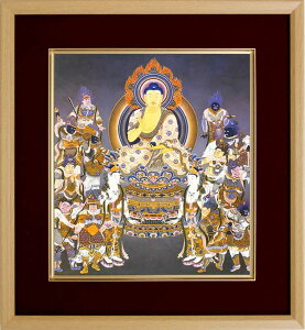 仏画 エンジ 色紙額 「薬師如来十二神将」 複製画 額付き(額外寸32.5x35.5cm) 新品 仏画 仏教美術 仏間に。仏事の飾りに。護法善神