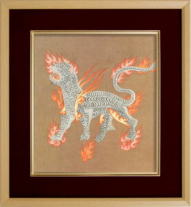 仏画 エンジ 色紙額 「西方神白虎」 複製画 額付き(額外寸32.5x35.5cm) 新品 仏画 仏教美術 仏間に。仏事の飾りに。風水 西方と秋を守護する霊獣
