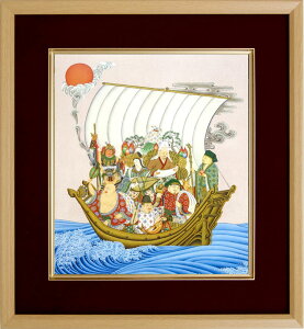 仏画 エンジ 色紙額 「七福神」 複製画 額付き(額外寸32.5x35.5cm) 新品 仏画 仏教美術 風水 吉祥開運の図 宝船 運気上昇