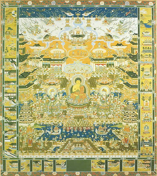 仏画 緞子 色紙額 「観経曼荼羅」 複製画 額付き（額外寸32.5x35.5cm） 新品 仏画 仏教美術 仏間に。仏事の飾りに。当麻曼荼羅 極楽浄土図  | やまとや画廊