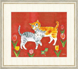 千春 「愛情のねこ」 F8号（額外寸64x56cm） 高精彩工芸画＋手彩入り 額付き 複製画 動物画 吉祥開運 赤の背景 二匹の仲良し猫