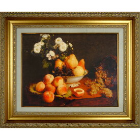 絵画　F6号　アンリ・ファンタン＝ラトゥール 「卓上の花と果物」 複製画　世界の名画　額入り　静物画　花瓶の花　テーブルの上　ボストン美術館（米）所蔵　白額シート