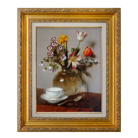 絵画　F6号　アンリ・ファンタン＝ラトゥール 「花瓶の花とコーヒーカップ」 複製画　世界の名画　額入り　静物画　野生の花　テーブルの上　プライベートコレクション　新額シート