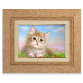 油彩画　SM号　絵画　ピンクの夕焼け　星野歩　手描き　額付き　油絵　肉筆　真筆　動物画　かわいいネコ　仔猫　ふわふわ子猫　小さい絵　ヨコ　猫の絵　キャットアート