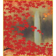 【色紙】 川端龍子「滝に紅葉」複製画　色紙　特殊工芸画　もみじ　滝　秋　風景画　日本画　名作　絵画…