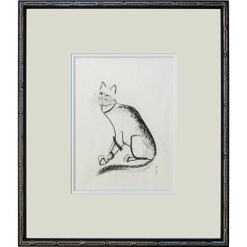 版画　小沢良吉 「猫」 パステル画　額付き　ねこ　猫の画家　モノトーン　スケッチ　真筆　手描き　肉筆画　動物画　おしゃれねこ　絵本作家　2006年　真作保証【YE272】