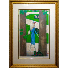 カシニョール 作品 真作保証「青い服で散歩」 散歩をする青い服の婦人　リトグラフ　額付き　1995年制作　人物画　美人画　直筆サイン入り　おしゃれ