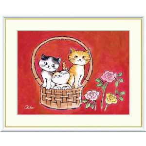 千春 「なごみねこ」 F8号(額外寸61x49cm) 高精彩工芸画 額付き 複製画 動物画 風水 開運アート 赤の背景 三匹のカゴ入り猫 バラ