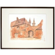 絵画 平山郁夫「赤い石の村（仏）」額付き 複製画 スケッチ 素描 【フランス】 風景画 画集・遙かなる旅…