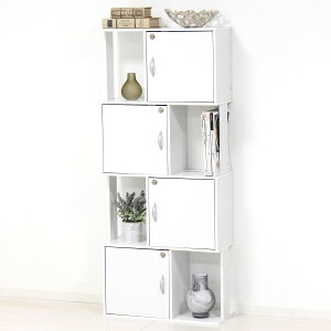 鍵付き カラーラック4段(ホワイト)組立要39413 クロシオラック鍵付き4段カラーボックス チェスト 収納 オープン 共通鍵 本棚