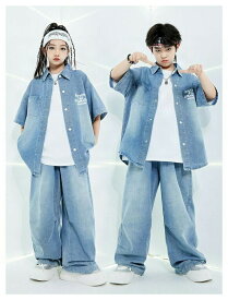 ダンス衣装 セットアップ デニムシャツ デニムパンツ ヒップホップ 半袖 ブルー ゆったり ステージ衣装 上下セット
