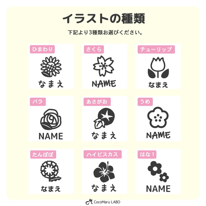 楽天市場 名前ステッカー お花 ひまわり ハイビスカス あさがお たんぽぽ チューリップ はな バラ うめ さくら お名前シール ネーム 名前シール シール 名前付け おしゃれ かわいい 幼稚園 小学校 保育園 入学 入園 女子 男子 3点１セット ココマルｌａｂｏ 楽天市場店
