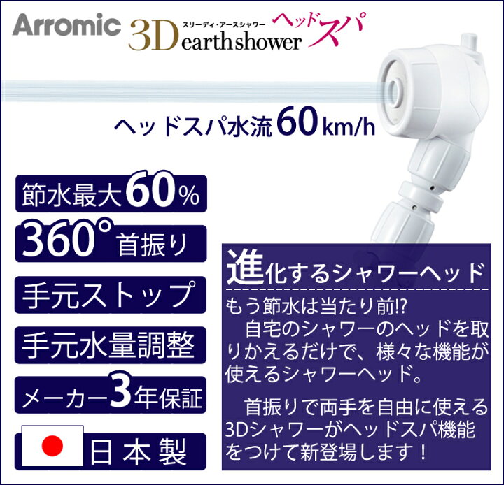 楽天市場 シャワーヘッド アラミック 3dアースシャワー ヘッドスパ 3d B1a 送料無料 安心ストップ 首振り 工事不要 節水 節ガス60 節水シャワーヘッド おしゃれ シャワー 省エネ 水圧アップ ヘッド 節水シャワー 水流 頭皮ケア 増圧 自宅 家電 便利雑貨のcoconial