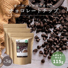 【レギュラーサイズ】有機カカオ70％ チョコチップ 115g 3袋 ペルー産 クーベルチュール 有機JASオーガニック 有機ココナッツシュガー カカオ70%以上 チョコレートチップ チョコレート