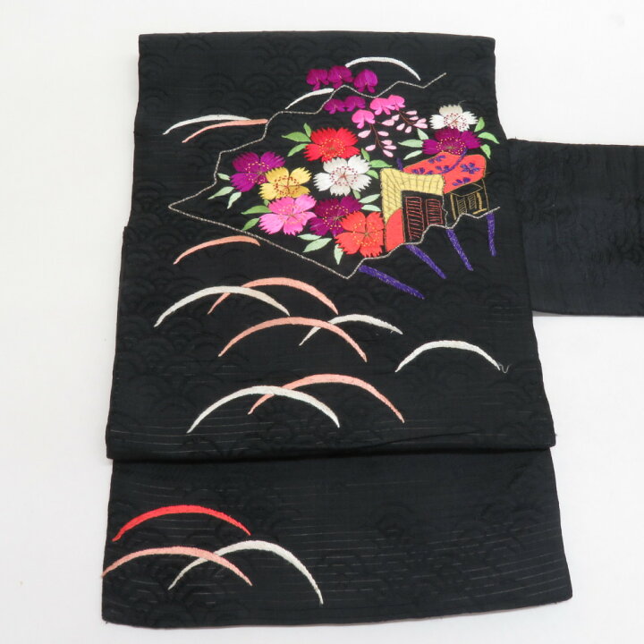 楽天市場】名古屋帯 正絹 アンティーク 夏用 総刺繍 撫子と藤に源氏車  