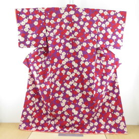 小紋 ポリエステル 梅模様 紫x赤x白 袷 広衿 カジュアル着物 仕立て上がり 身丈165cm 美品