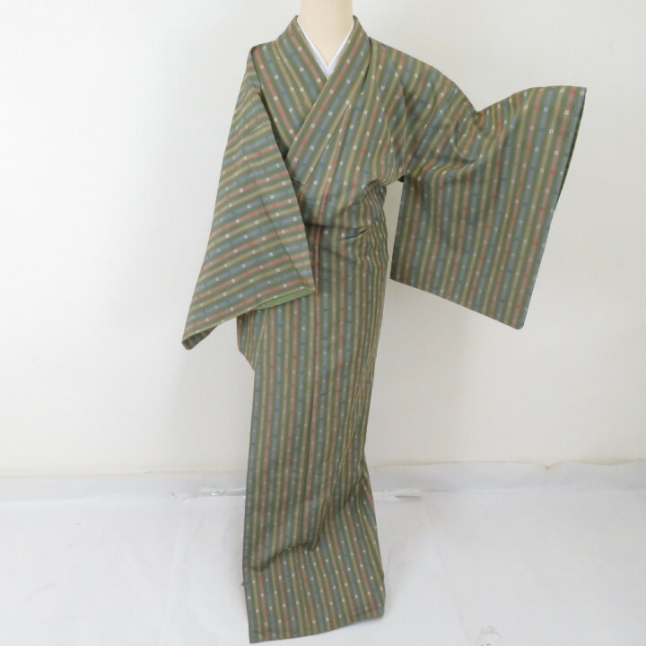 楽天市場】御召着物 飾り縦縞文様 緑茶色 袷 広衿 正絹 カジュアル着物 