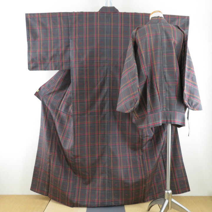 楽天市場】紬 着物 アンサンブル コート付き 格子柄 袷 バチ衿 灰色 