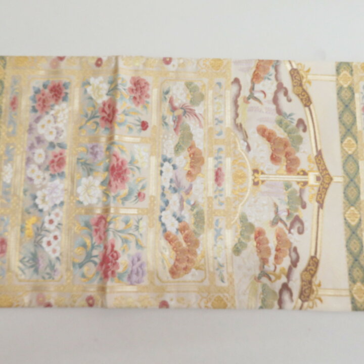 楽天市場】袋帯 花鳥にうさぎ文様 金糸 ゴールドxパステル色 六通柄  