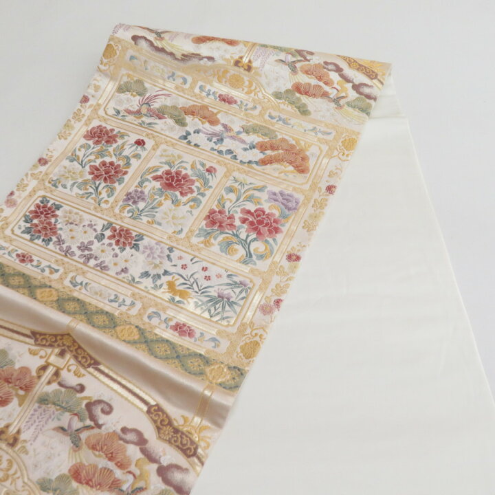 楽天市場】袋帯 花鳥にうさぎ文様 金糸 ゴールドxパステル色 六通柄  