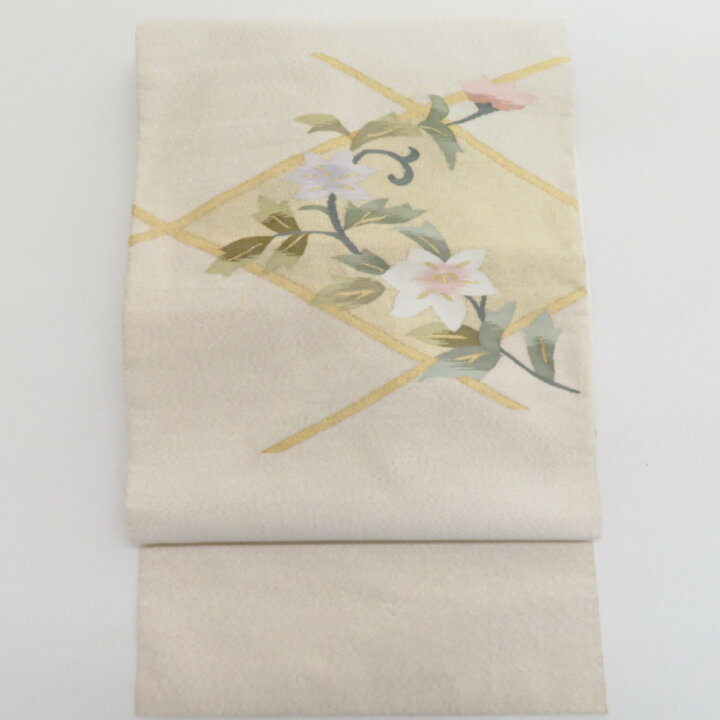 楽天市場】名古屋帯 つづれ 金糸 白色xクリーム色x薄ピンク色 菱に花  