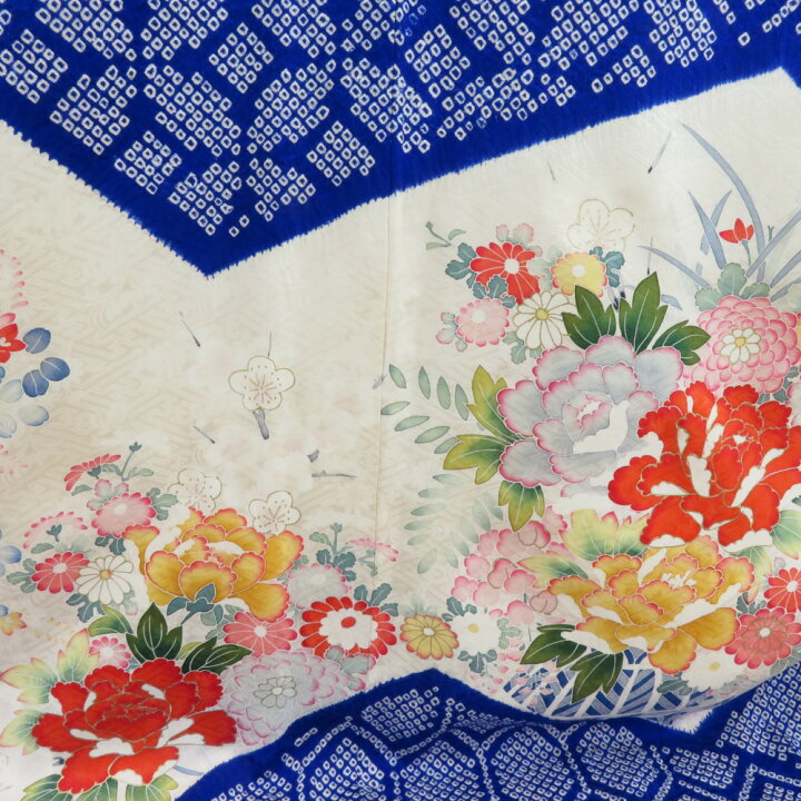楽天市場】振袖 正絹 青色x多色 金コマ 絞り 花瓶に花紋様 襦袢付き 